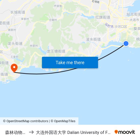 森林动物园南门 to 大连外国语大学 Dalian University of Foreign Languages map