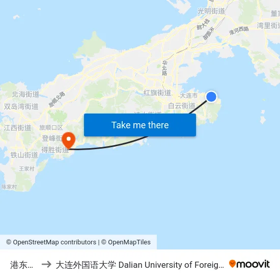 港东五街 to 大连外国语大学 Dalian University of Foreign Languages map