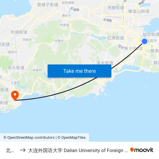 北岗桥 to 大连外国语大学 Dalian University of Foreign Languages map