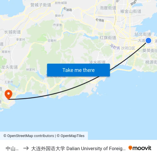 中山广场 to 大连外国语大学 Dalian University of Foreign Languages map