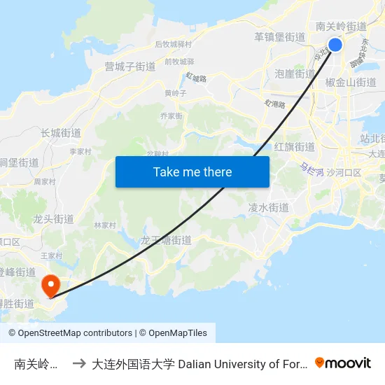 南关岭火车站 to 大连外国语大学 Dalian University of Foreign Languages map