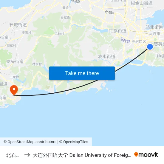 北石道街 to 大连外国语大学 Dalian University of Foreign Languages map