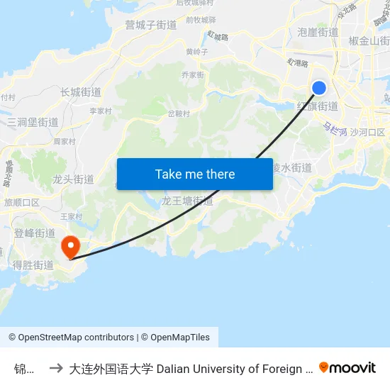 锦云街 to 大连外国语大学 Dalian University of Foreign Languages map