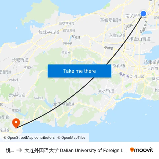 姚家 to 大连外国语大学 Dalian University of Foreign Languages map
