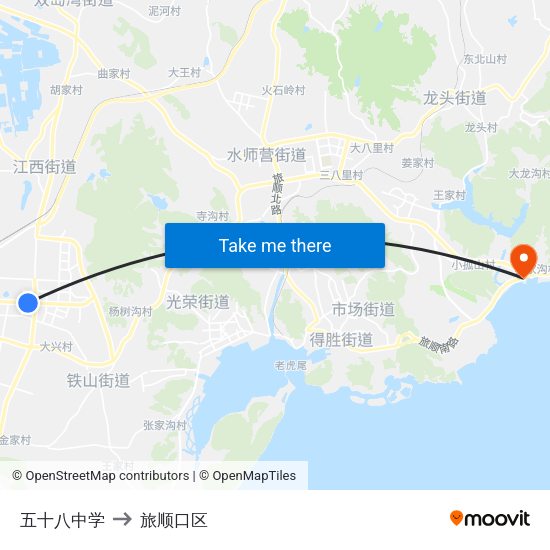 五十八中学 to 旅顺口区 map