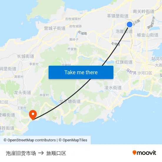 泡崖旧货市场 to 旅顺口区 map