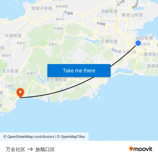 万全社区 to 旅顺口区 map