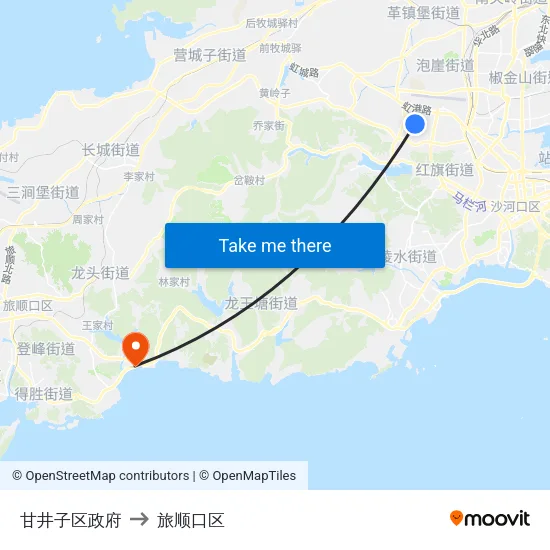 甘井子区政府 to 旅顺口区 map