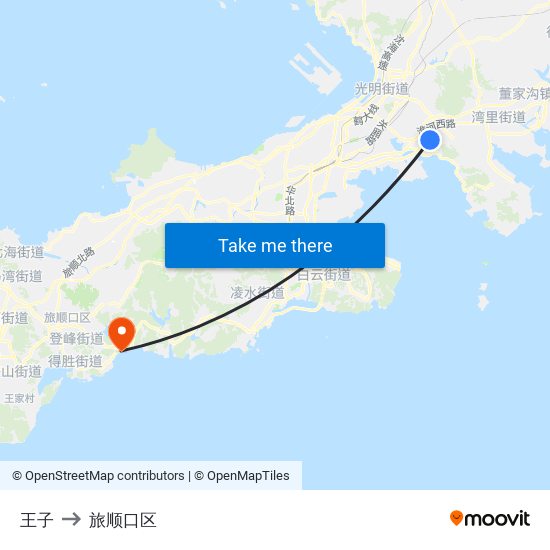 王子 to 旅顺口区 map