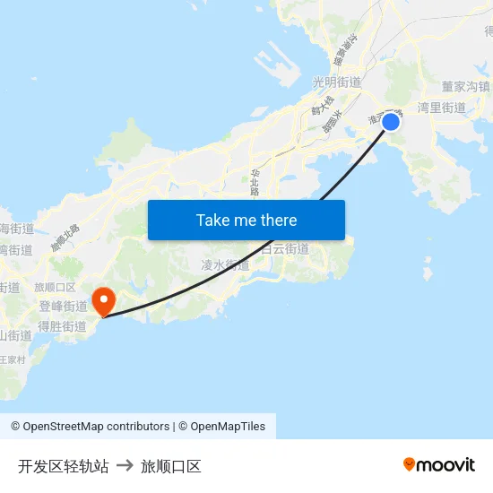 开发区轻轨站 to 旅顺口区 map