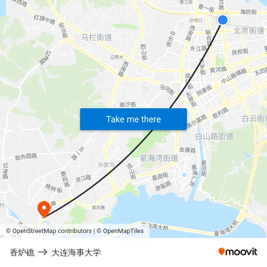 香炉礁 to 大连海事大学 map