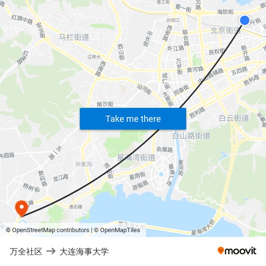 万全社区 to 大连海事大学 map