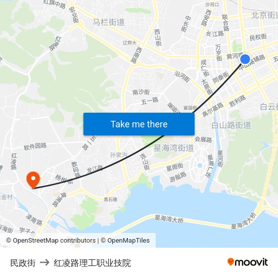 民政街 to 红凌路理工职业技院 map