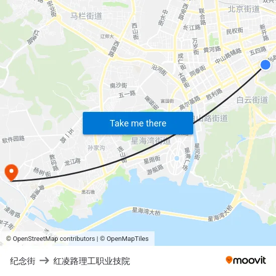 纪念街 to 红凌路理工职业技院 map
