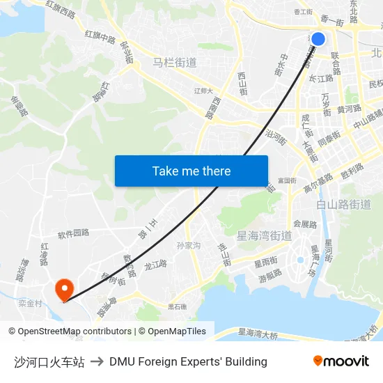 Shahekou Railway Station to DMU Foreign Experts' Building map
