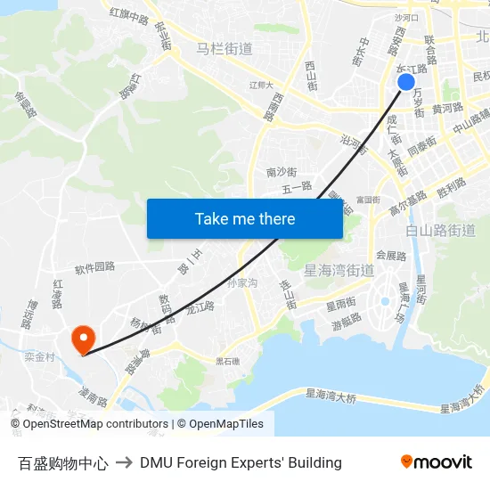 Baisheng Shopping Center to DMU Foreign Experts' Building map