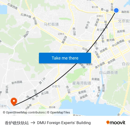Xianglu Bridge Light Rail Station to DMU Foreign Experts' Building map