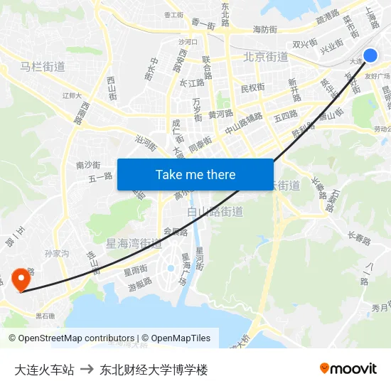 大连火车站 to 东北财经大学博学楼 map