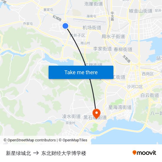 新星绿城北 to 东北财经大学博学楼 map