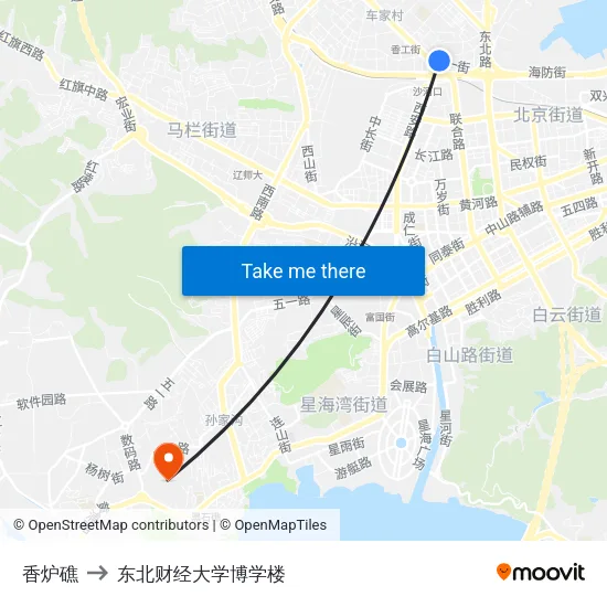 香炉礁 to 东北财经大学博学楼 map