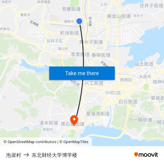 泡崖村 to 东北财经大学博学楼 map