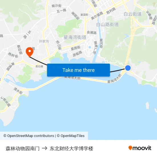 森林动物园南门 to 东北财经大学博学楼 map