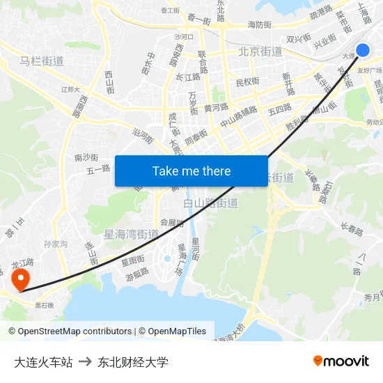 大连火车站 to 东北财经大学 map