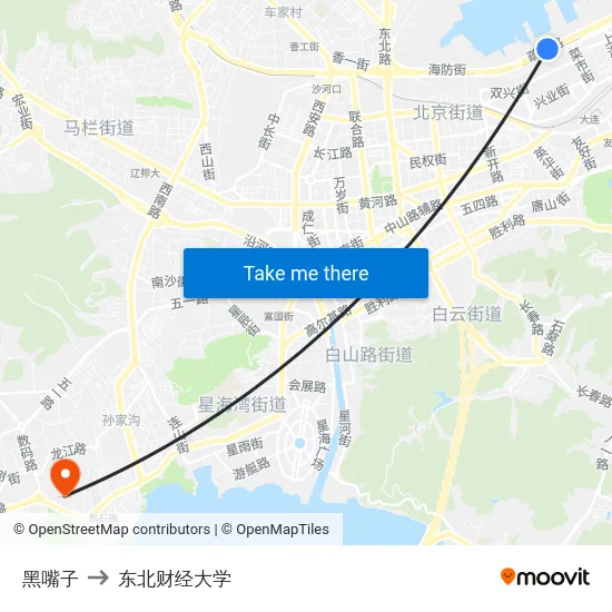 黑嘴子 to 东北财经大学 map