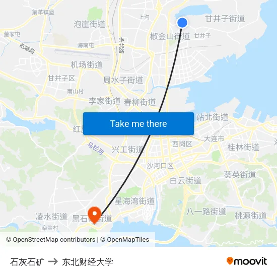 石灰石矿 to 东北财经大学 map