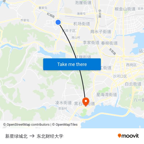 新星绿城北 to 东北财经大学 map
