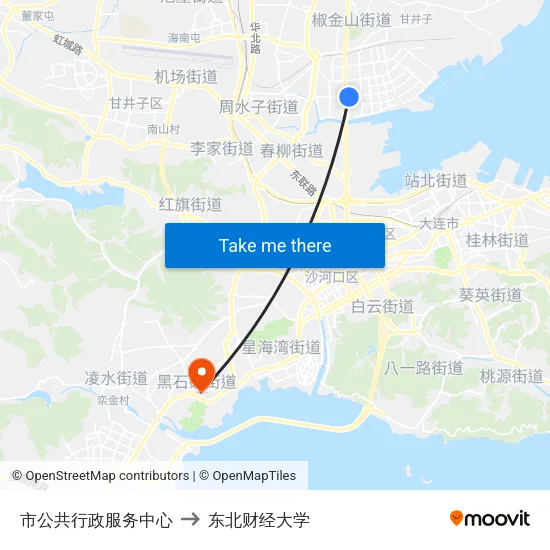 市公共行政服务中心 to 东北财经大学 map