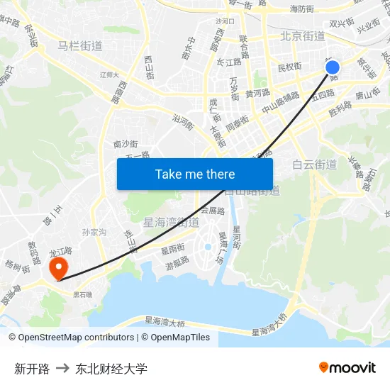 新开路 to 东北财经大学 map