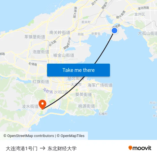大连湾港1号门 to 东北财经大学 map