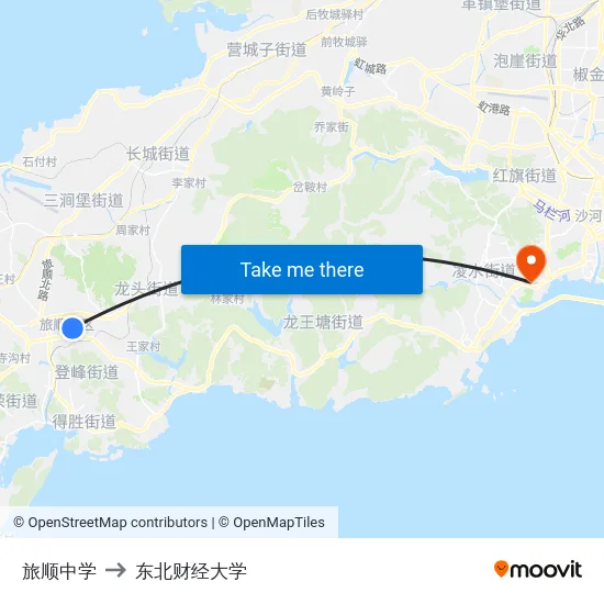 旅顺中学 to 东北财经大学 map