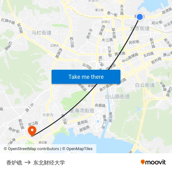 香炉礁 to 东北财经大学 map