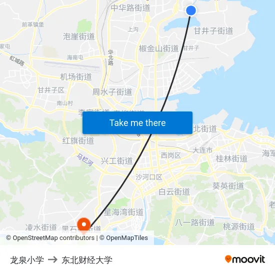 龙泉小学 to 东北财经大学 map