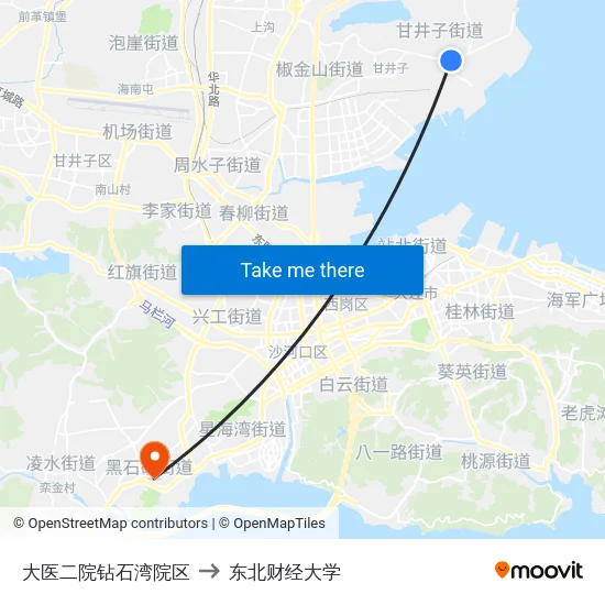 大医二院钻石湾院区 to 东北财经大学 map