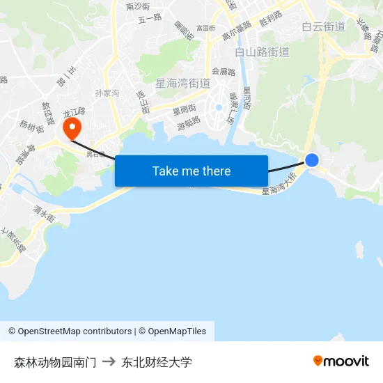 森林动物园南门 to 东北财经大学 map