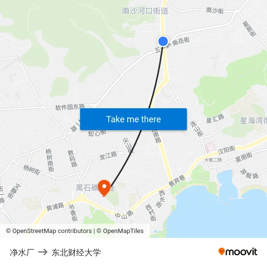净水厂 to 东北财经大学 map