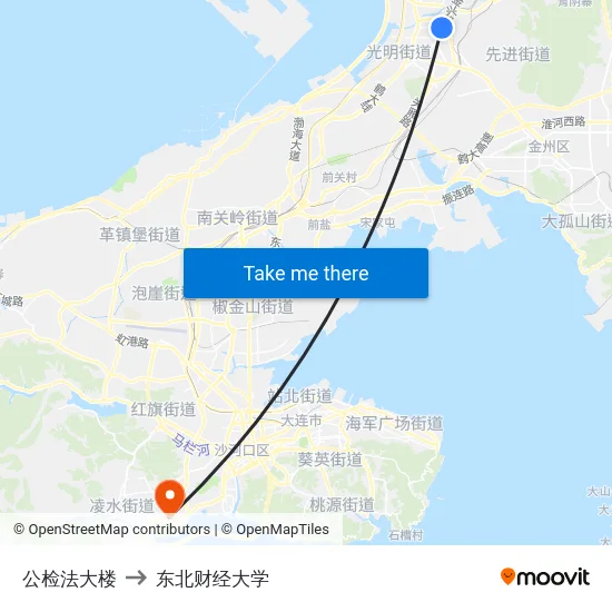 公检法大楼 to 东北财经大学 map
