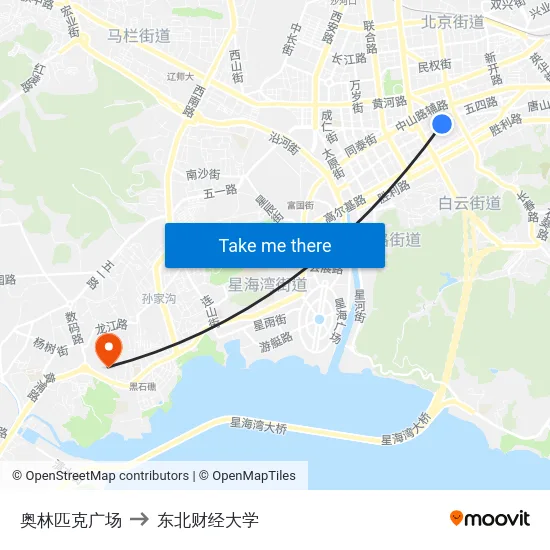 奥林匹克广场 to 东北财经大学 map