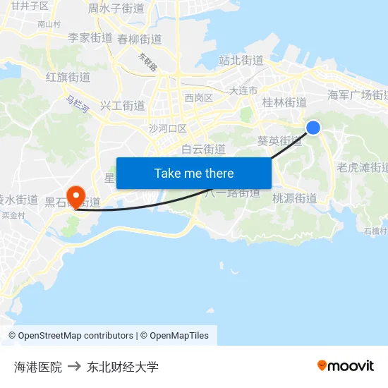 海港医院 to 东北财经大学 map