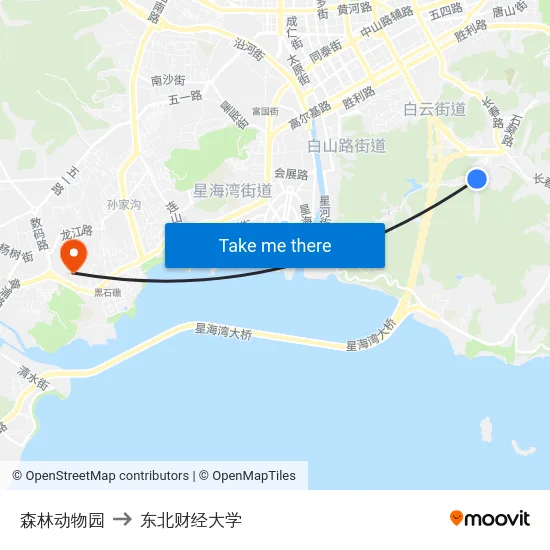森林动物园 to 东北财经大学 map