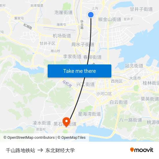 千山路地铁站 to 东北财经大学 map