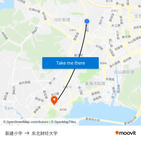 新建小学 to 东北财经大学 map