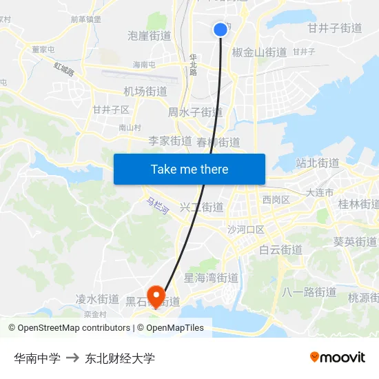 华南中学 to 东北财经大学 map