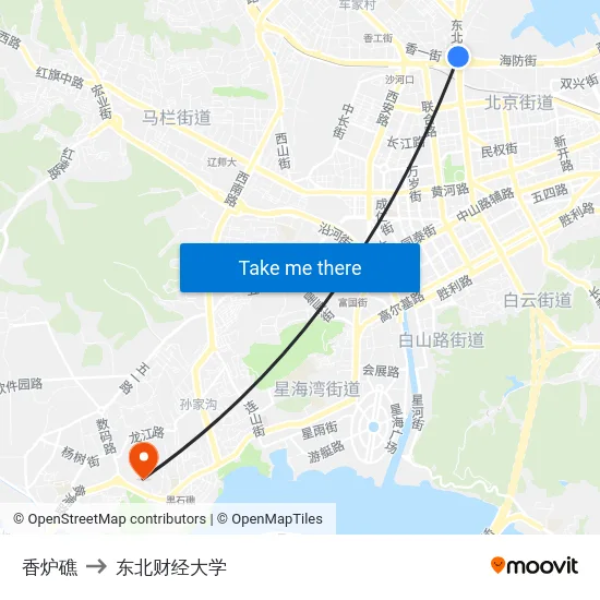 香炉礁 to 东北财经大学 map