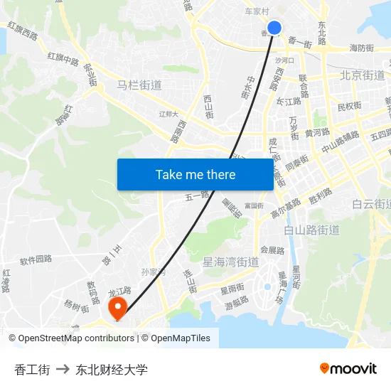 香工街 to 东北财经大学 map