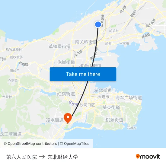 第六人民医院 to 东北财经大学 map