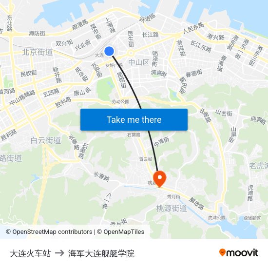 大连火车站 to 海军大连舰艇学院 map